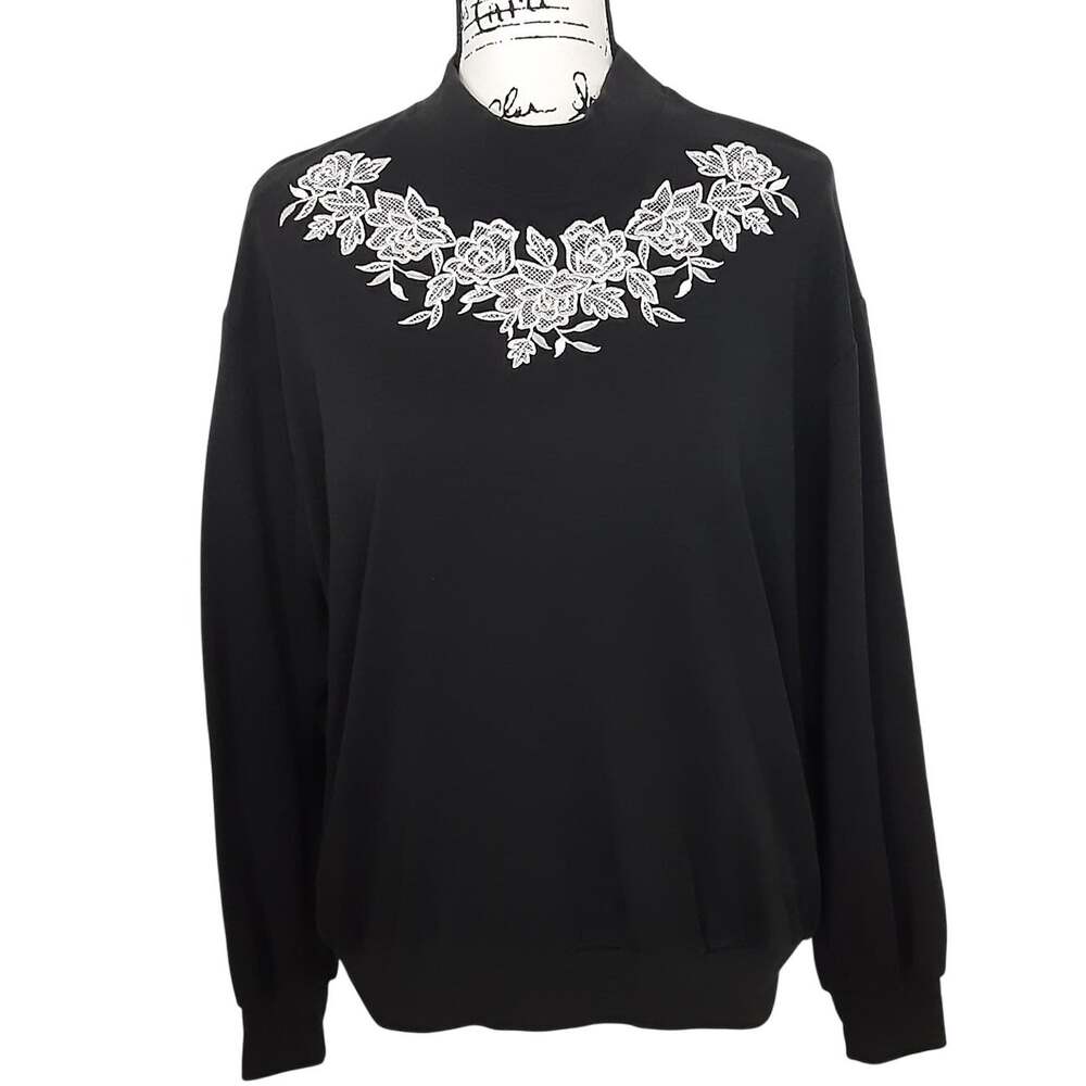Vintage 80s Floral Lace Embroidered Sweatshirt Black Sz L Cottagecore Grandma